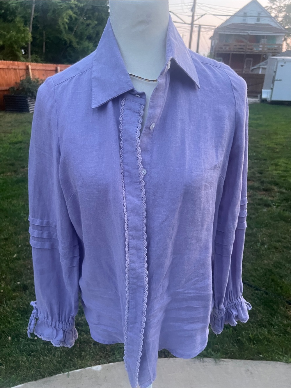 Madison Mathew’s linen Lavender Button-Front Collared Blouse with Scalloped Trim
